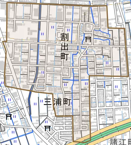 割出町とその周辺の地図。町の範囲を重ねている