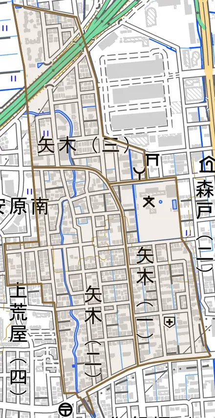 矢木とその周辺の地図。町の範囲を重ねている