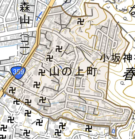 山の上町とその周辺の地図。町の範囲を重ねている