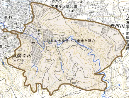 山科町とその周辺の地図。町の範囲を重ねている