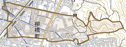 柳橋町とその周辺の地図。町の範囲を重ねている