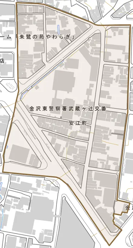 安江町とその周辺の地図。町の範囲を重ねている