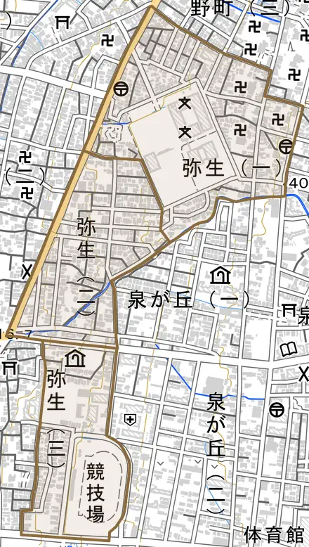 弥生とその周辺の地図。町の範囲を重ねている
