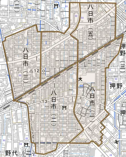 八日市とその周辺の地図。町の範囲を重ねている