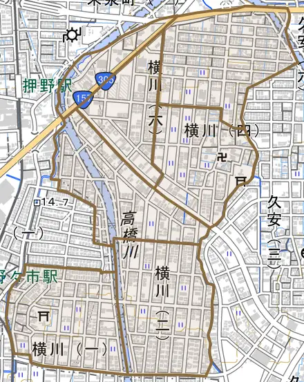 横川とその周辺の地図。町の範囲を重ねている