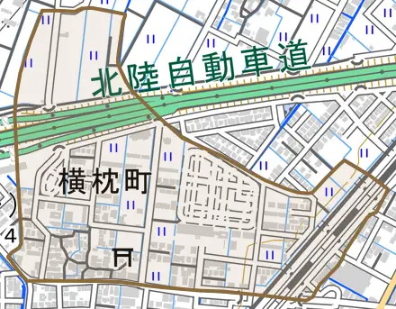 横枕町とその周辺の地図。町の範囲を重ねている