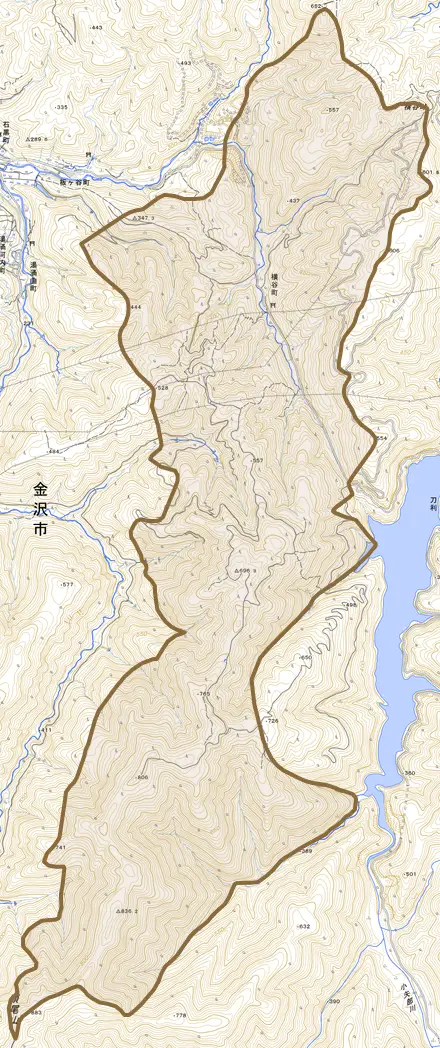横谷町とその周辺の地図。町の範囲を重ねている
