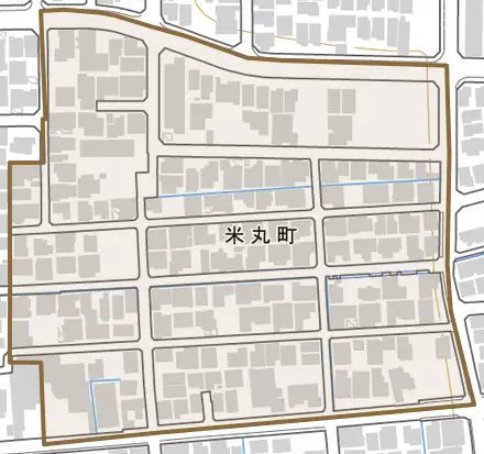 米丸町とその周辺の地図。町の範囲を重ねている