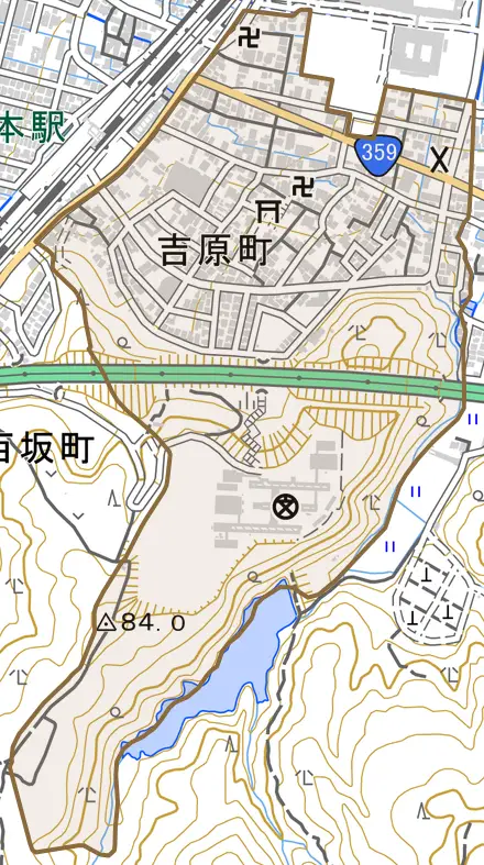 吉原町とその周辺の地図。町の範囲を重ねている