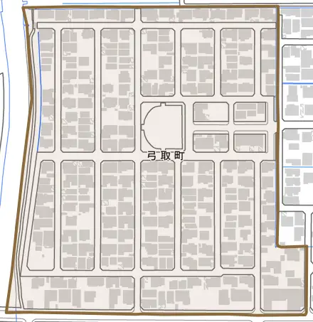 弓取町とその周辺の地図。町の範囲を重ねている