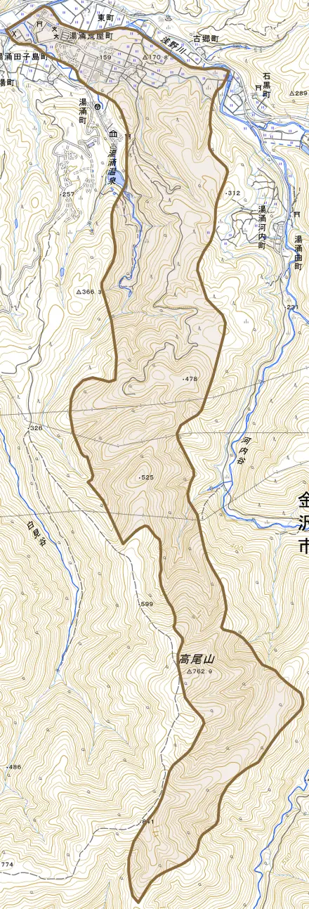 湯涌荒屋町とその周辺の地図。町の範囲を重ねている