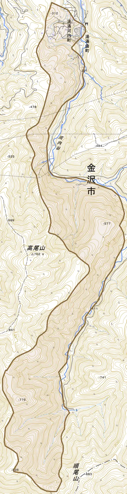 湯涌河内町とその周辺の地図。町の範囲を重ねている