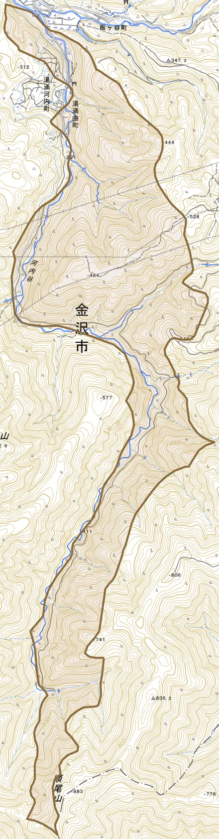 湯涌曲町とその周辺の地図。町の範囲を重ねている