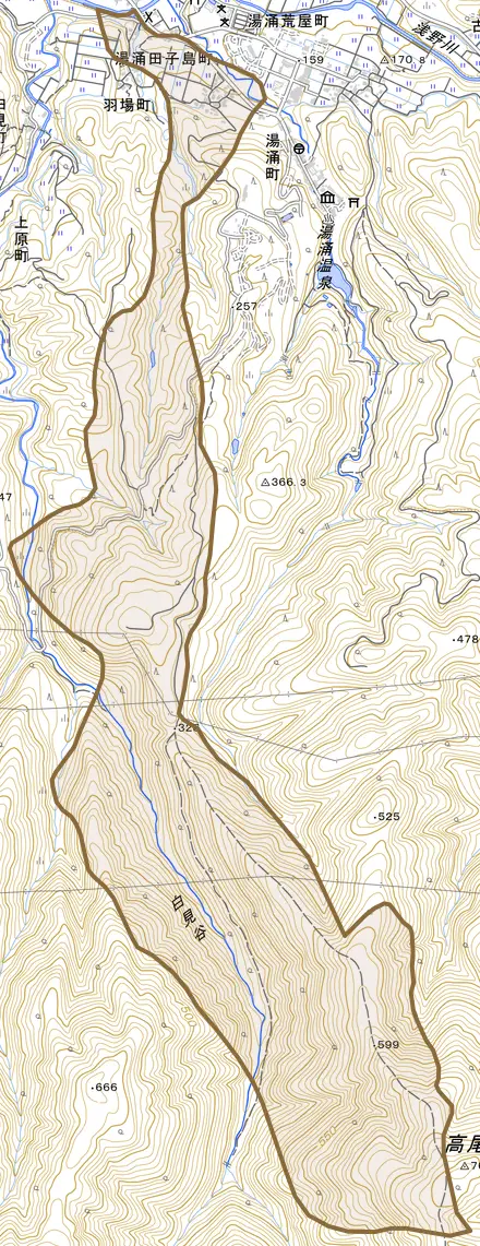 湯涌田子島町とその周辺の地図。町の範囲を重ねている