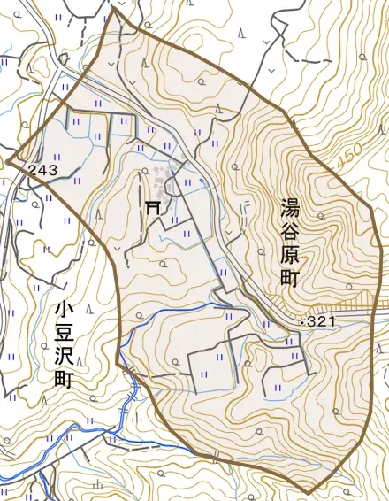 湯谷原町とその周辺の地図。町の範囲を重ねている