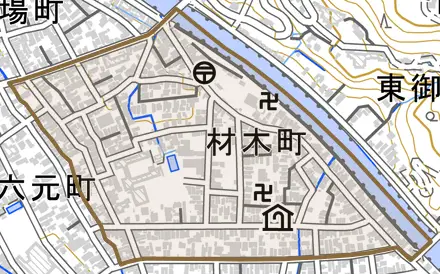 材木町とその周辺の地図。町の範囲を重ねている