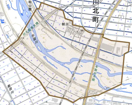 朝日とその周辺の地図。町の範囲を重ねている