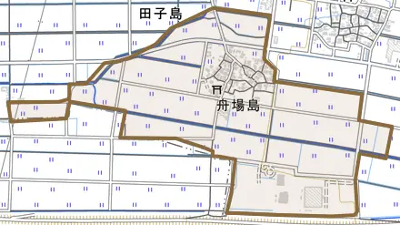 舟場島とその周辺の地図。町の範囲を重ねている