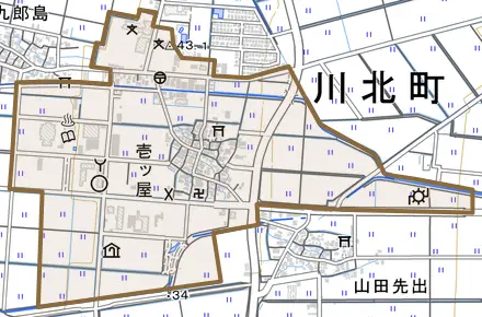 壱ツ屋とその周辺の地図。町の範囲を重ねている
