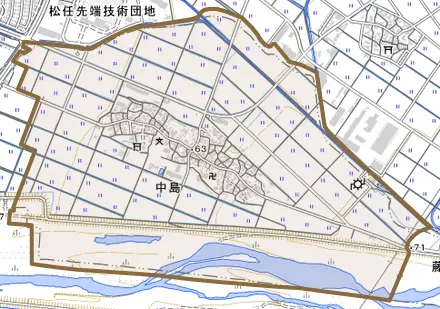 中島とその周辺の地図。町の範囲を重ねている