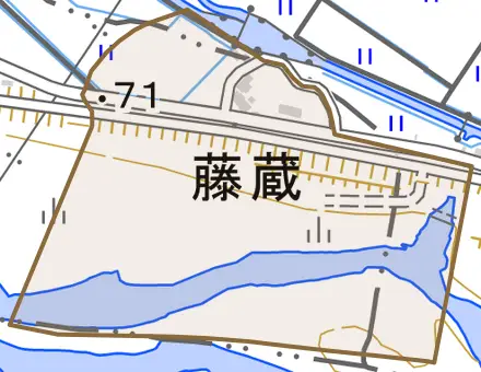 藤蔵とその周辺の地図。町の範囲を重ねている