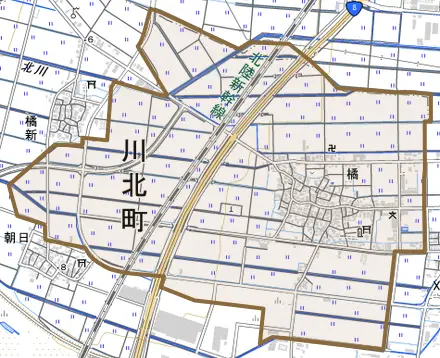 橘とその周辺の地図。町の範囲を重ねている