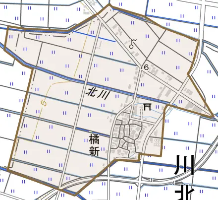 橘新とその周辺の地図。町の範囲を重ねている