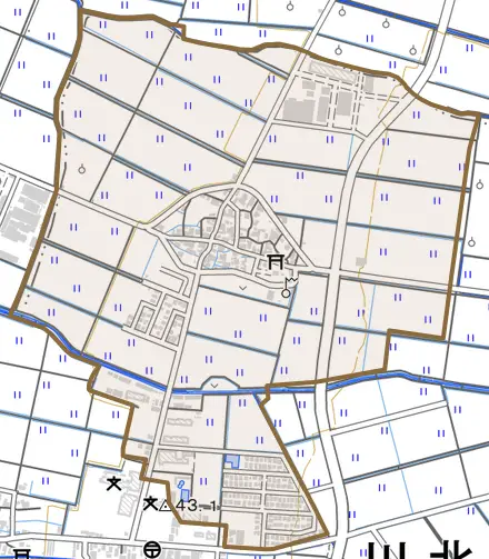 土室とその周辺の地図。町の範囲を重ねている