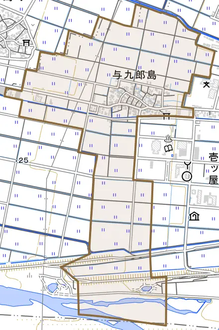 与九郎島とその周辺の地図。町の範囲を重ねている