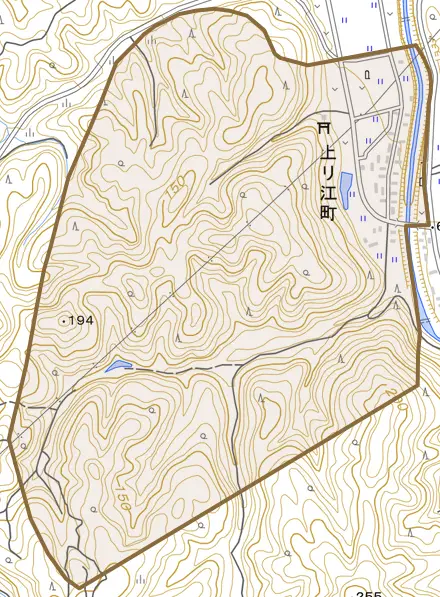 上リ江町とその周辺の地図。町の範囲を重ねている
