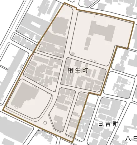 相生町とその周辺の地図。町の範囲を重ねている