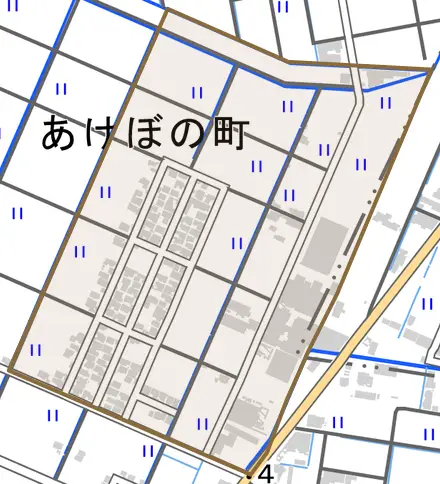 あけぼの町とその周辺の地図。町の範囲を重ねている