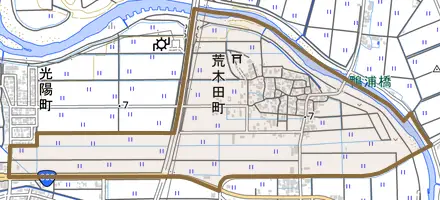 荒木田町とその周辺の地図。町の範囲を重ねている