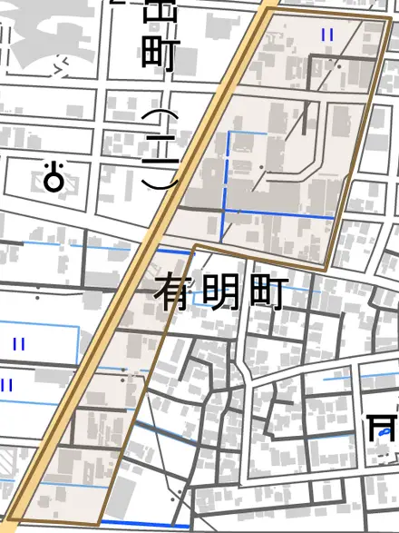 有明町とその周辺の地図。町の範囲を重ねている