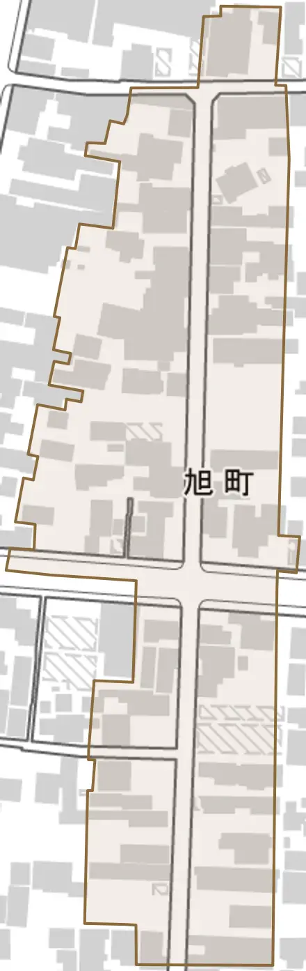旭町とその周辺の地図。町の範囲を重ねている