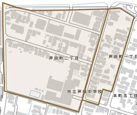 芦田町とその周辺の地図。町の範囲を重ねている