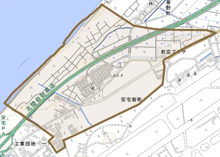 安宅新町とその周辺の地図。町の範囲を重ねている