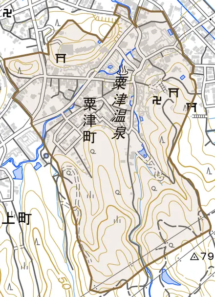 粟津町とその周辺の地図。町の範囲を重ねている