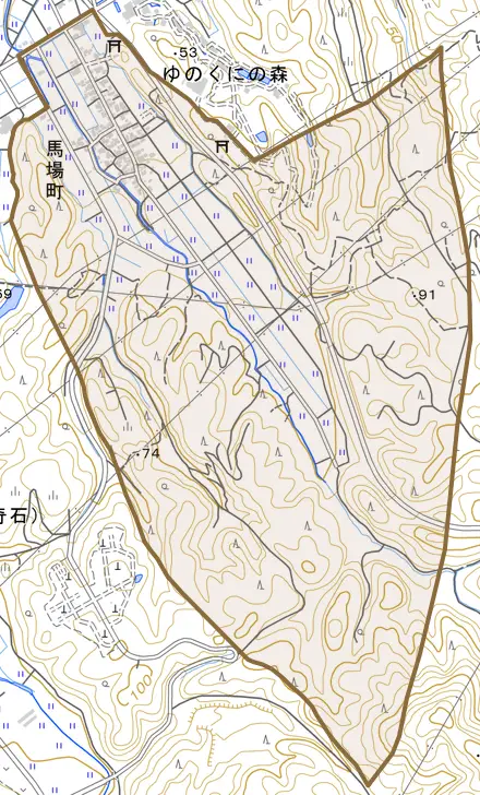 馬場町とその周辺の地図。町の範囲を重ねている