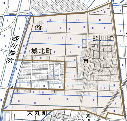 蛭川町とその周辺の地図。町の範囲を重ねている