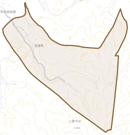 菩提町とその周辺の地図。町の範囲を重ねている