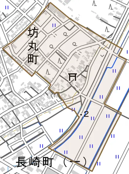 坊丸町とその周辺の地図。町の範囲を重ねている