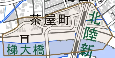 茶屋町とその周辺の地図。町の範囲を重ねている