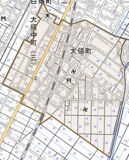 大領町とその周辺の地図。町の範囲を重ねている