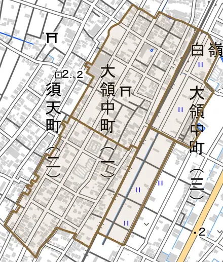 大領中町とその周辺の地図。町の範囲を重ねている