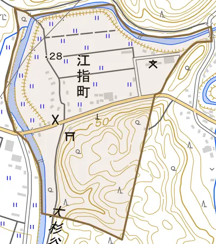 江指町とその周辺の地図。町の範囲を重ねている