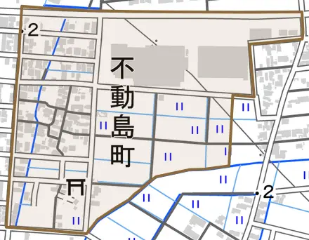 不動島町とその周辺の地図。町の範囲を重ねている