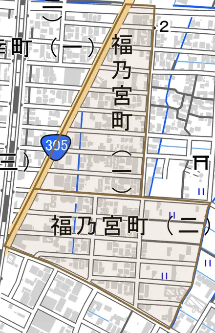 福乃宮町とその周辺の地図。町の範囲を重ねている