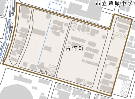 古河町とその周辺の地図。町の範囲を重ねている