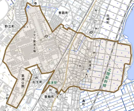 符津町とその周辺の地図。町の範囲を重ねている